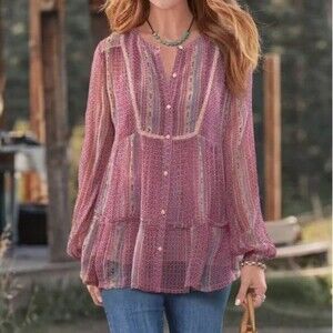 Sundance Womens Gemini Top Blouse Button Down Boho Sheer Size S